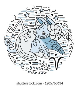 Zodiac vector signes - aries constellation as a pig, symbol of 2019. Hand drawn geometrical icon in decorative style. 