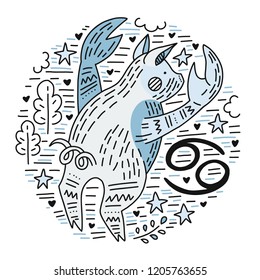 Zodiac vector signes - cancer constellation as a pig, symbol of 2019. Hand drawn geometrical icon in decorative style. 