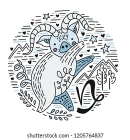 Zodiac vector signes - capricornus constellation as a pig, symbol of 2019. Hand drawn geometrical icon in decorative style. 