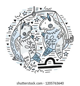 Zodiac vector signes - libra constellation as a pig, symbol of 2019. Hand drawn geometrical icon in decorative style. 