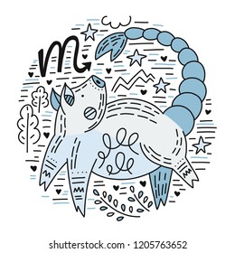 Zodiac vector signes - scorpio constellation as a pig, symbol of 2019. Hand drawn geometrical icon in decorative style. 