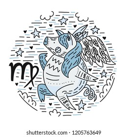 Zodiac vector signes - virgo constellation as a pig, symbol of 2019. Hand drawn geometrical icon in decorative style. 