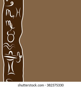 Zodiac vertical pattern, sign , doodles, hole,taurus,capricorn,virgo,pisces, cancer,scorpio,libra, gemini,aquarius, spot, hole, copy space. Hand drawn, seamless.