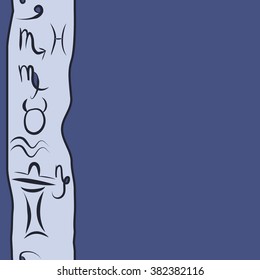 Zodiac vertical pattern, sign , doodles, hole,taurus,capricorn,virgo,pisces, cancer,scorpio,libra, gemini,aquarius, spot, hole, copy space. Hand drawn, seamless.