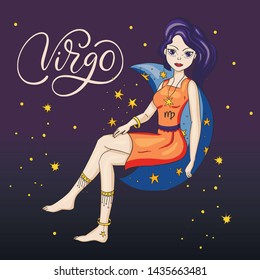 Zodiac Virgo Beautiful Girl Vector Sign. Cartoon horoscope astrology illustration with constellations. Horoscope drawing.