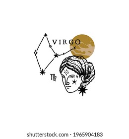 Zodiac Virgo boho magical vintage distressed art symbol or label. Vector illustration