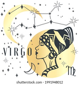 Zodiac virgo boho magical vintage distressed art symbol or label. Horoscope sign line art silhouette design vector illustration. Creative decorative elegant astrology zodiac emblem template for logo