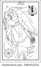 ZODIAC VIRGO CARD ILLUSTRATION-Zodiac Sign Virgo black line illustration-coloring