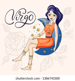 Zodiac Virgo Girl Vector Sign. Cartoon horoscope astrology illustration. Horoscope drawing.