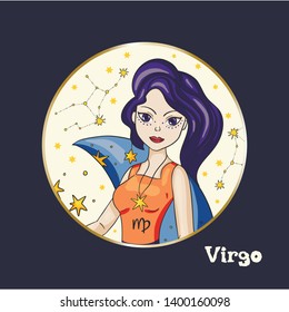 Zodiac Virgo Girl Vector Sign. Cartoon astrology round badge illustration. Horoscope drawing.