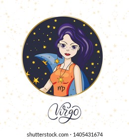 Zodiac Virgo Girl Vector Sign. Cartoon astrology round badge illustration. Horoscope drawing.