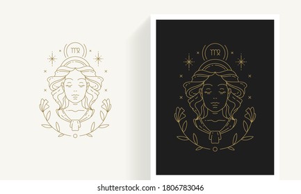 Zodiac virgo horoscope sign line art silhouette design vector illustration. Creative decorative elegant linear astrology zodiac virgo emblem template for logo or poster decoration.