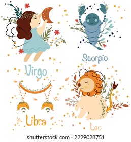 Zodiac Virgo, Scorpio, Leo, Libra with leaves, colorful flowers and stars around. Set Astrological zodiac Signs perfect for posters, logo, cards. Vector illustration.