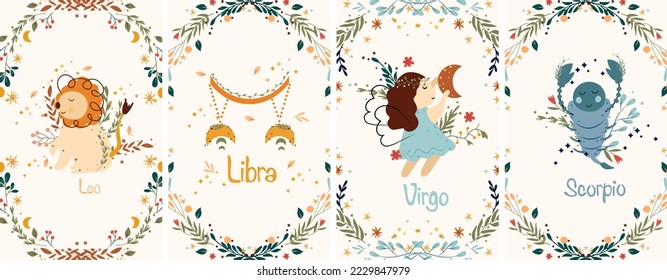 Zodiac Virgo, Scorpio, Leo, Libra with leaves, colorful flowers and stars around. Set Astrological zodiac Signs perfect for posters, logo, cards. Vector illustration.