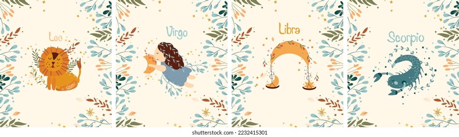 Zodiac Virgo, Scorpio, Leo, Libra with leaves, colorful flowers and stars around. Set Astrological zodiac Signs perfect for posters, logo, cards. Vector illustration.