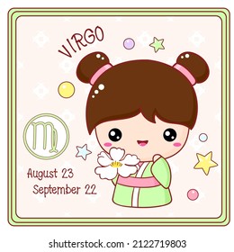 Zodiac Virgo sign character in kawaii style. Cute chibi little girl in kimono. Square card with Zodiac symbol, date of birth and cartoon baby girl. Vector illustration EPS8