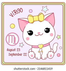 Zodiac Virgo sign character in kawaii style. Square card with cute little white kitty and Zodiac symbol, date of birth. Cartoon baby cat and Zodiacal card. Vector illustration EPS8