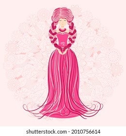 Zodiac, Virgo zodiac sign illustration as a beautiful girl with braids. Vintage zodiac boho style fashion illustration in pastel colors. Against the background of a flower mandala
