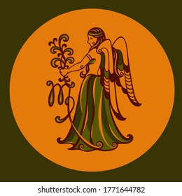Zodiac Virgo stylization art for merchandise, posters or apparel design. Virgo zodiac vector illustration on gold-green background. Astrological horoscope sign.