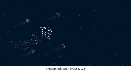 A zodiac virgo symbol filled with dots flies through the stars leaving a trail behind. There are four small symbols around. Vector illustration on dark blue background with stars