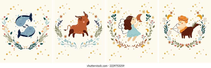 Zodiac Virgo, Taurus, Pisces, Sagittarius mit Blättern, bunten Blumen und Sternen rund. Set Astrologische Tierkreiszeichen perfekt für Poster, Logo, Karten. Vektorgrafik