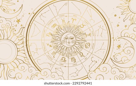 Zodiac wheel with 12 signs and constellations, astrology vintage banner with golden sun and moon, horoscope background. Hand drawn vector illustration, modern aesthetic.