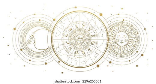 Rueda de zodiac con 12 signos y constelaciones, banner vintage de horoscopio con sol dorado y luna aislado en blanco, fondo astrológico. Ilustración vectorial dibujada por mano