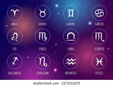 Zodiac Wheel Astrological Sign with Symbol Twelve Astrology Names, Horoscopes or Constellations in Flat Cartoon Character Vector Illustration