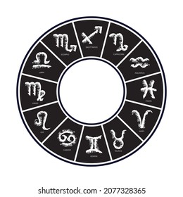 Zodiac wheel with astrological signs isolated on white background. Zodiac constellation. Design element for horoscope and astrological forecast. Vector illustration.
