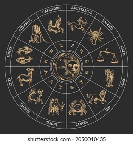 Zodiac Wheel with astrological symbols, hand drawn illustration. Zodiac circle of horoscope signs with Sun and Crescent, vector drawing in engraving style.