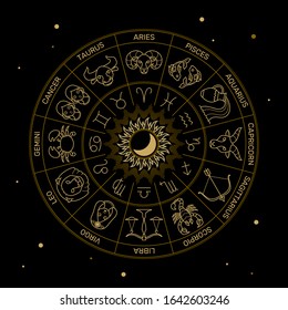 Zodiac wheel astrology horoscope black and gold color