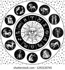 Zodiac Wheel. Astrology horoscope with circle, sun and signs. Calendar template on black background. Collection outline animals. Poster or banner, Label or sticker. Engraved hand drawn vintage sketch.