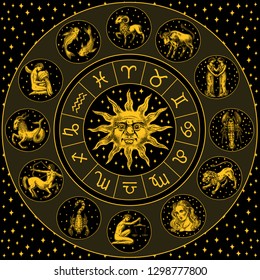 Zodiac Wheel. Astrology horoscope with circle, sun and signs. Calendar template on black background. Collection outline animals. Poster or banner, Label or sticker. Engraved hand drawn vintage sketch.