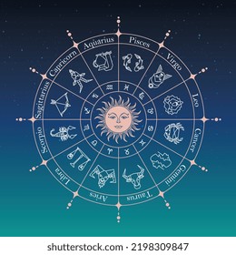 Zodiac wheel calendar. Astrology horoscope circle with zodiac signs dark sky background. Form symbol horoscope calendar, illustration collection zodiacal animals