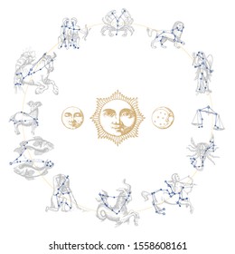 Zodiac Wheel with constellations and astrological symbols, hand drawn illustration. Astronomical circle of horoscope signs with Sun, Moon and Crescent, vector drawing in engraving style.