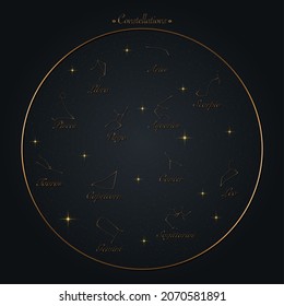 Zodiac wheel of constellations sign set, vector illustration. Astrological symbols with golden gradient effect. stars on night sky map background. Space with shiny, sparkling stars galaxy, round frame