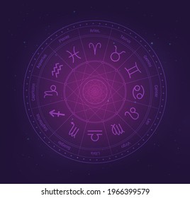 Zodiac wheel with galaxy stars background, Astrology horoscope with signs. Aries, taurus, gemini ,cancer,leo, virgo,  libra, scorpio, sagittarius, capricorn, aquarius , pisces, vector symbols.