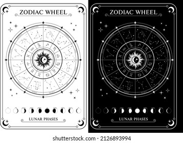 Zodiac Wheel, horoscope symbols with Sun and moon. Zodiac circle with twelve signs and constellations. astrology, prediction of the future