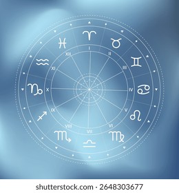 Zodiac wheel illustration. Magic map. Horoscop infographic. Vector illustration on blue mesh gradient