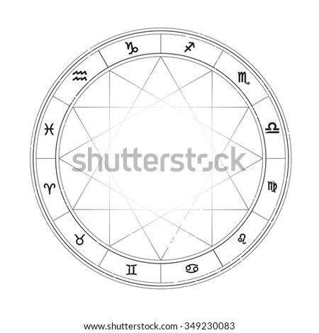 Zodiac wheel monochrome, horoscope chart.