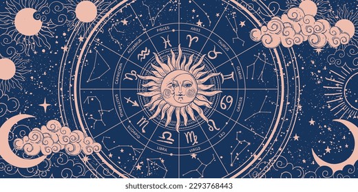 Zodiac wheel blue background and moon   sun  astrology banner and 12 zodiac signs  Mystical horoscope vector pattern  magical esoteric universe illustration  esoteric hand drawing