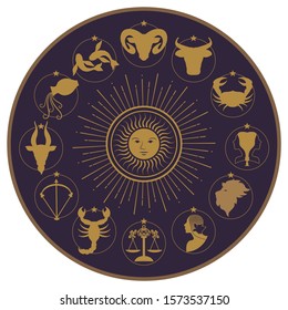 Zodiac wheel on starry sky, sun, moon and stars
