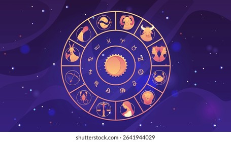 Zodiac wheel on starry sky, space background. Horoscope signs vector illustration. Twelve astrological symbols. Cartoon leo, libra, gemini, capricorn. Virgo, cancer, aquarius, aries icons in circle