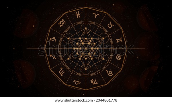Zodiac wheel with zodiac sign and cube van\
metatron on space\
background