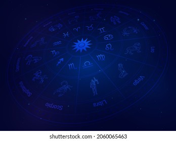 Rueda zodiaca y signos con fondo de estrellas de galaxia, horóscopo astrológico con signos. Aries, taurus, gemini, cáncer, leo, virgo, libra, escorpio, sagittarius, capricornio, aquarius, piscis, símbolos vectoriales