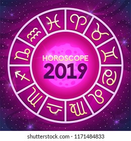 Zodiac Wheel with zodiac signs set, Astrological horoscope 2019 design cover brochure, predictions for the new year. Vector illustration