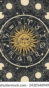 Zodiac wheel with sun and moon signs, astrology card, mystical horoscope symbols on a black background, magical vector illustration in boho style, fortune teller, future prediction.