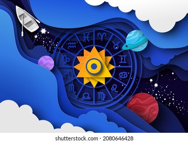 Zodiac wheel with twelve horoscope signs, the Sun, planets, starry sky, vector illustration in paper art style. Milky Way galaxy. Zodiac circle. Astrology poster template.