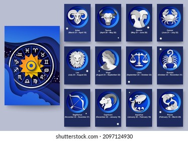 Zodiac wheel and twelve horoscope signs, vector illustration in paper art style. Zodiac circle. Astrological predictions. Astrology poster template.