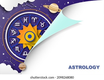 Zodiac-Rad mit zwölf Horoskop-Zeichen, Planeten, Sternenhimmel, Zodiakkonstellationen, Vektorgrafik im Stil der Papierkunst. Astrologie-Plakatvorlage mit Kopienraum.